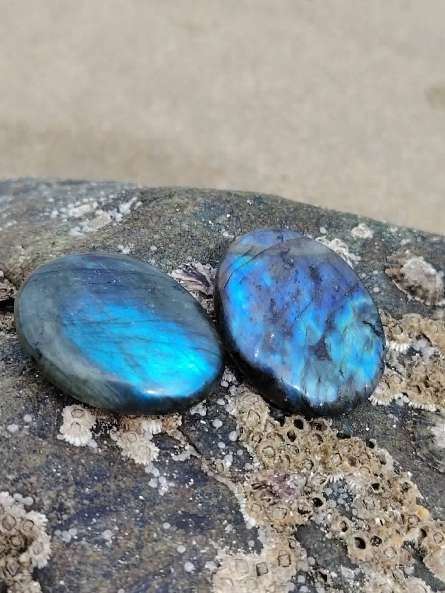 Galets de labradorite polie sur roche naturelle, reflets bleus lumineux pour protection douce et clarté intérieure.
