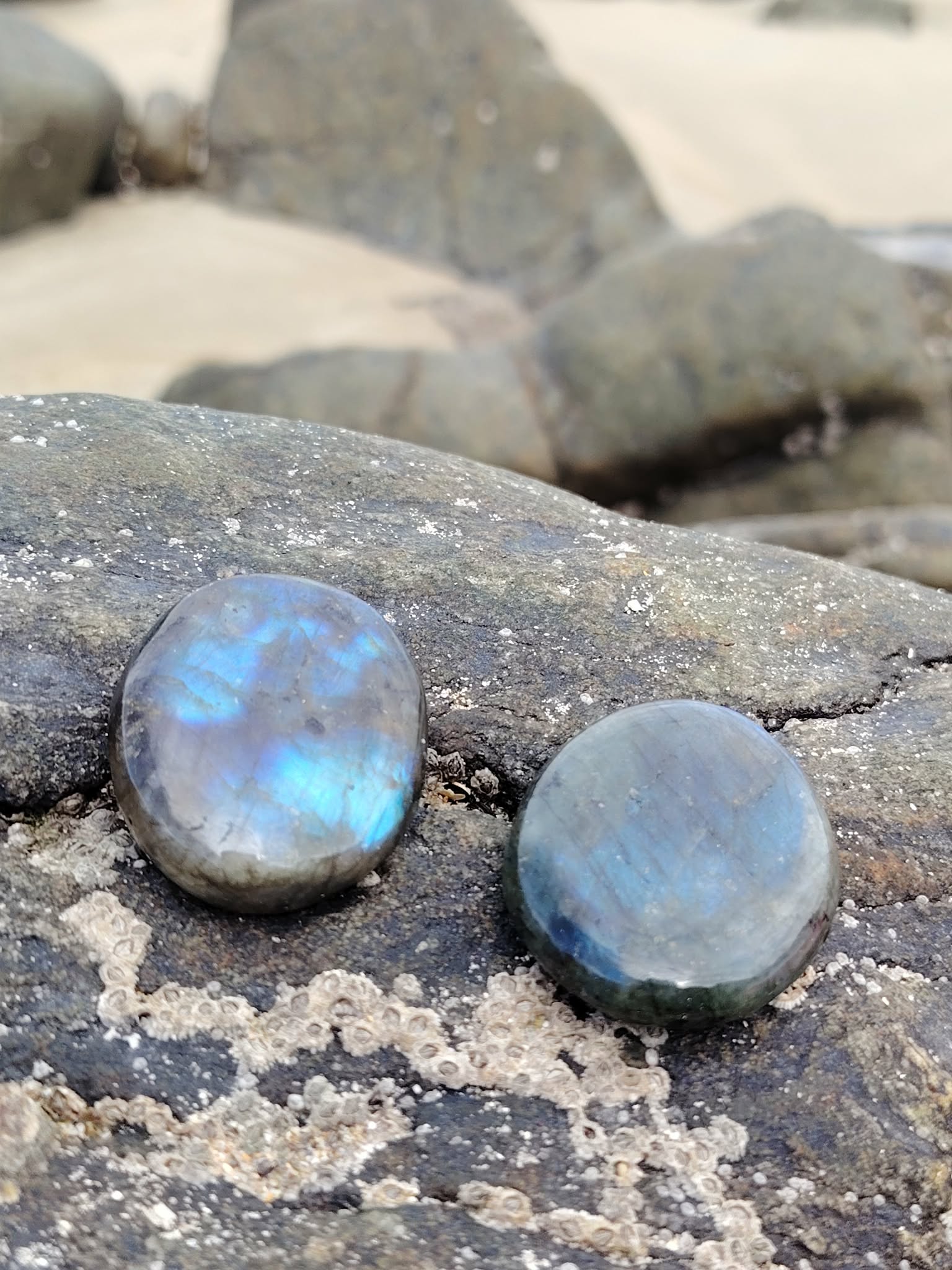 Gros plan sur un galet de labradorite, éclat irisé bleu vert et texture naturelle pour accompagner l’intuition.