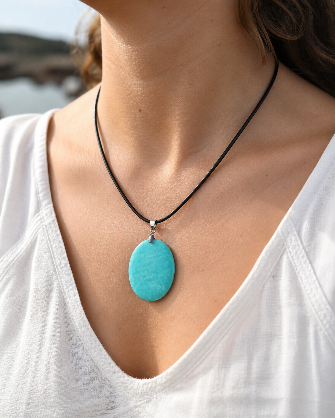 Pendentif Amazonite ovale porté au cou sur vêtement blanc, pierre naturelle du Pérou pour authenticité, douceur du cœur et fluidité intérieure.