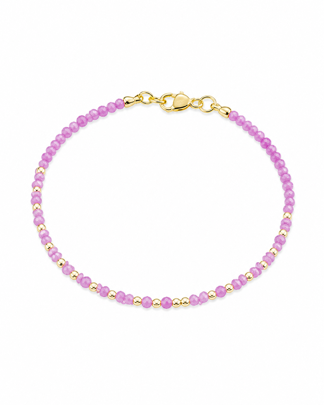 Bracelet Tourmaline rose sur fond blanc, perles facettées fines et fermoir doré pour un bijou délicat.