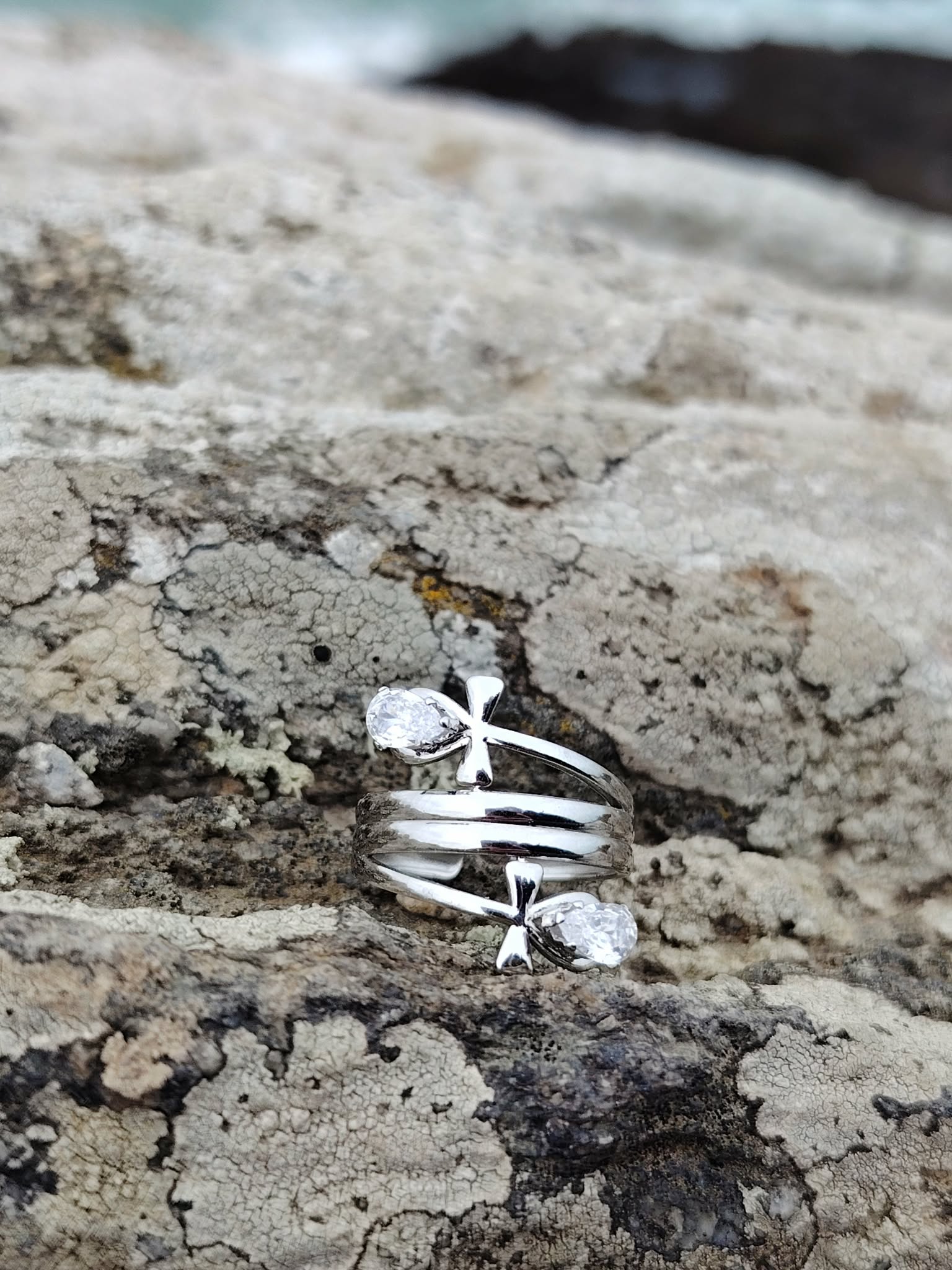 Bague argentée Ankh stylisée posée sur roche en Bretagne, acier inoxydable et strass goutte pour renouveau et protection.