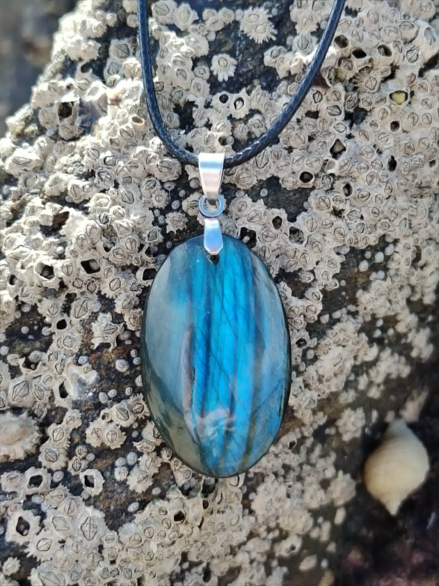 Pendentif Labradorite bleue sur roche à coquillages en Bretagne, cordon noir et reflet cyan pour bouclier énergétique.