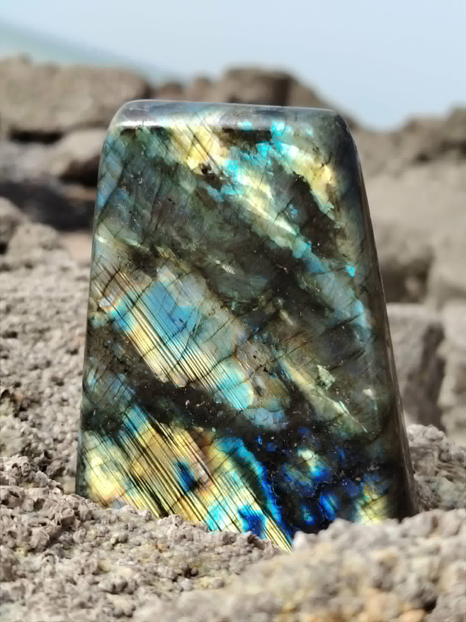 Labradorite forme libre sur rocher côtier en Bretagne, reflets turquoise et dorés pour bouclier énergétique et lucidité.