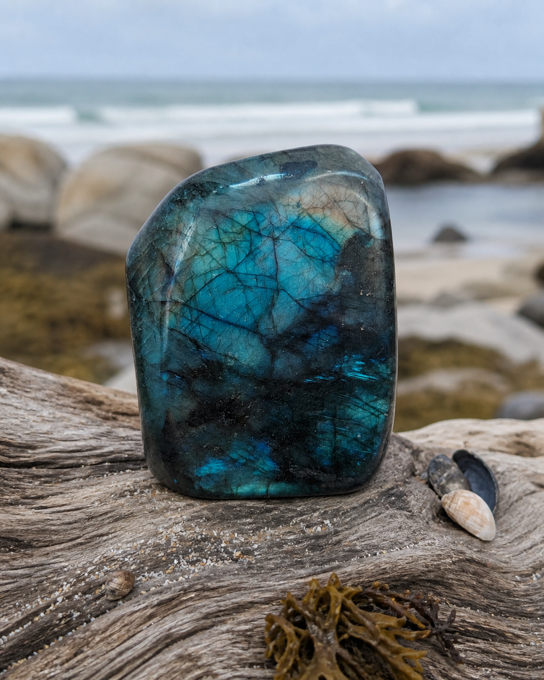 Forme libre Labradorite aux reflets turquoise sur bois flotté en bord de mer breton, avec coquillages pour intuition calme.