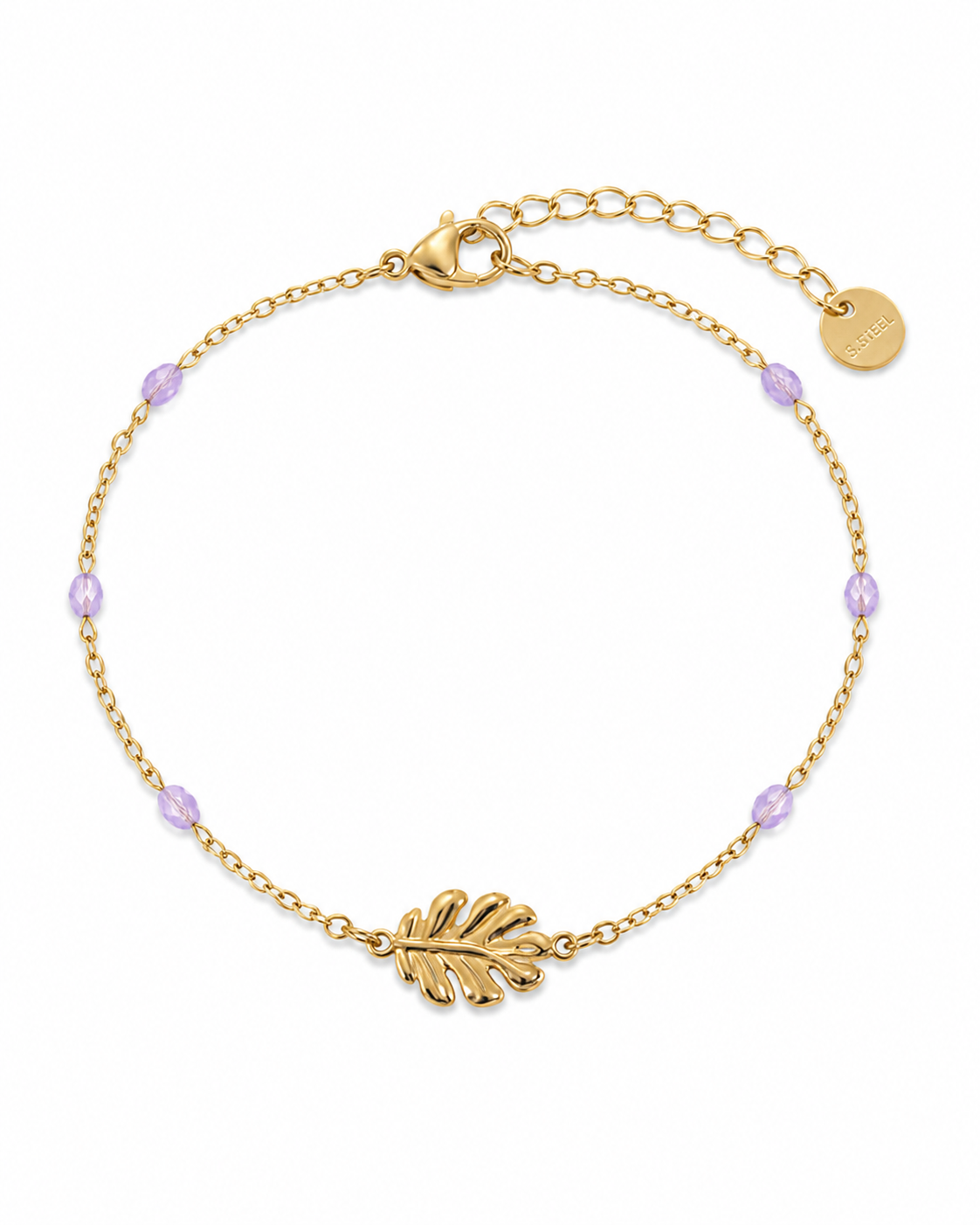 Bracelet Améthyste feuille dorée détouré sur fond blanc, fermoir mousqueton, chaîne de rallonge visible et médaillon S.STEEL pour calme, clarté et détente.