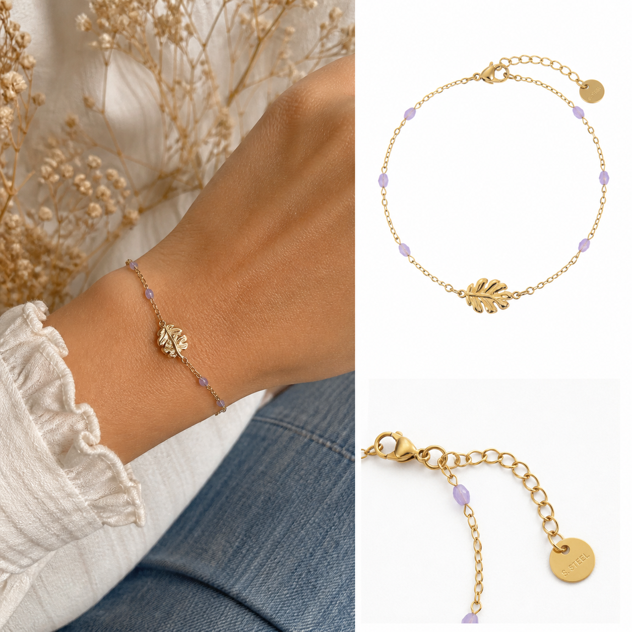Montage du bracelet Améthyste feuille dorée avec poignet porté, vue sur fond blanc et gros plan de la rallonge, bijou fin pour harmonie intérieure, douceur et inspiration.