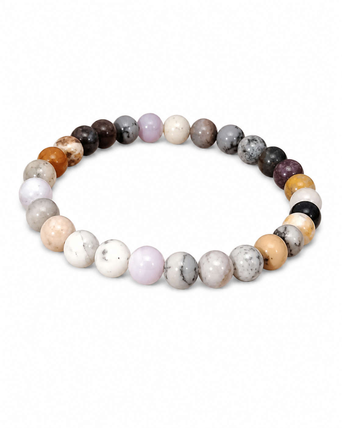 Bracelet Merlinite 6 mm en opale dendritique, perles rondes aux dessins contrastés noir, beige et gris pour ancrage, intuition et équilibre intérieur.sur fond blanc