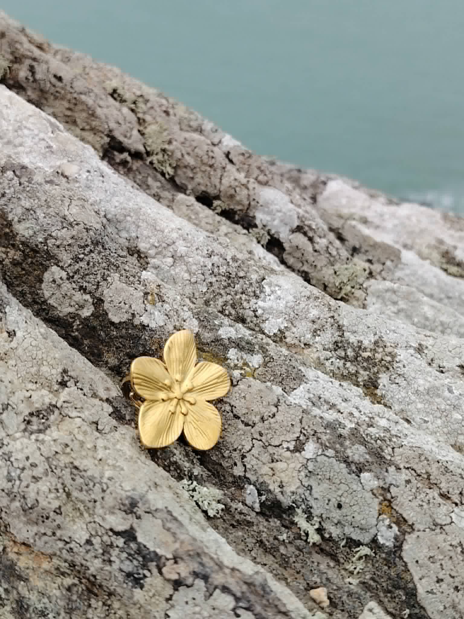 Bague fleur dorée réglable posée sur rocher côtier, bijou floral en acier inoxydable finition or 18K au rendu délicat et estival.