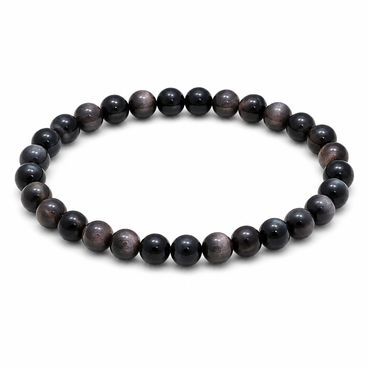 Bracelet Obsidienne Argentée détouré sur fond blanc, perles noires polies montées sur élastique pour discernement et clarté intérieure.