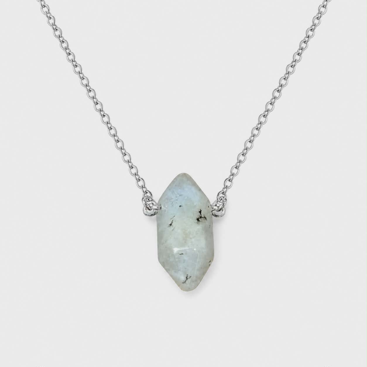 Pendentif pointe Labradorite détouré sur fond blanc, pierre gris bleuté avec inclusions naturelles et chaîne fine en acier inoxydable.