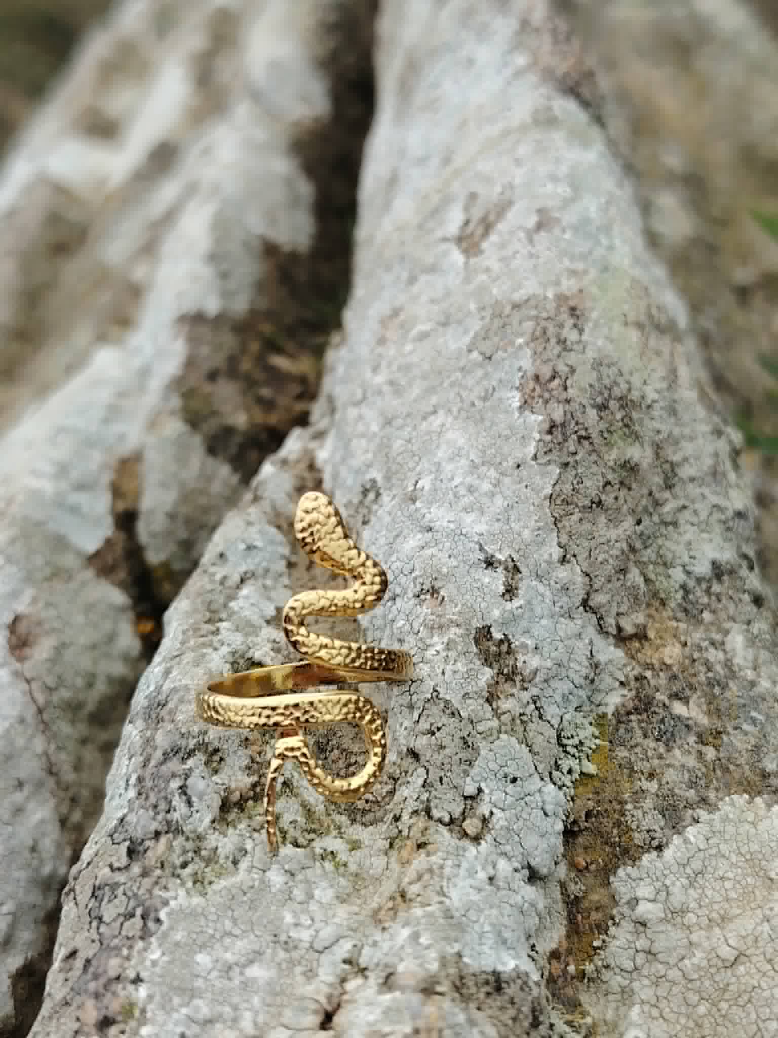 Bague serpent dorée ajustable sur bois clair nervuré, bijou acier inoxydable inspiré de la mue, du courage et de l’évolution.