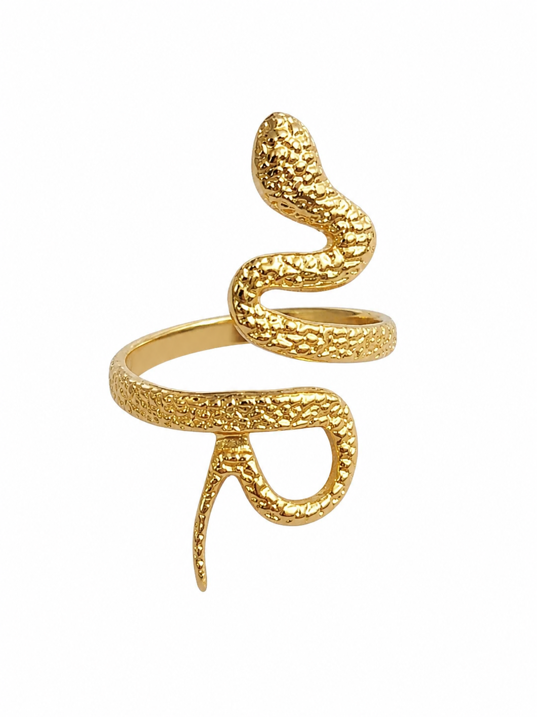 Bague serpent dorée en acier inoxydable détourée sur fond blanc, modèle ajustable texturé au style mystique et lumineux.