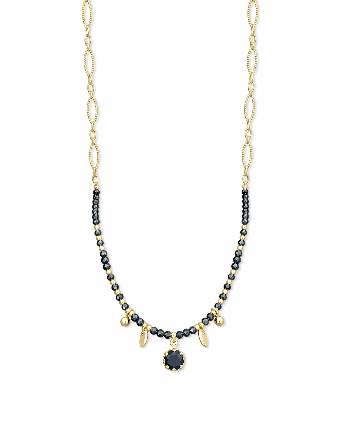 Collier Onyx naturel et acier inoxydable doré détouré sur fond blanc, strass noir décoratif et pendentifs fins.
