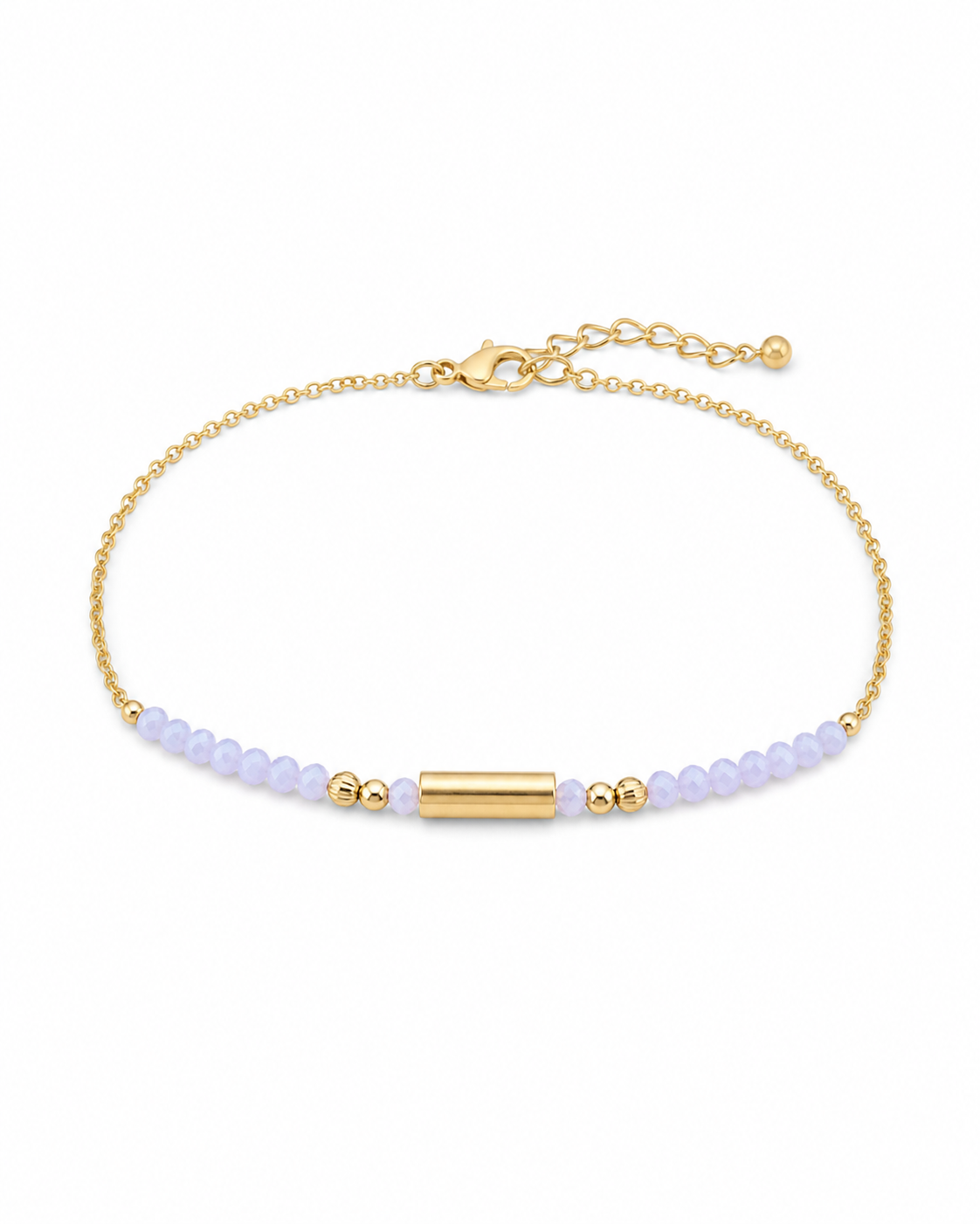 Bracelet Améthyste acier inoxydable doré détouré sur fond blanc, perles violettes et breloque longue pour intuition.