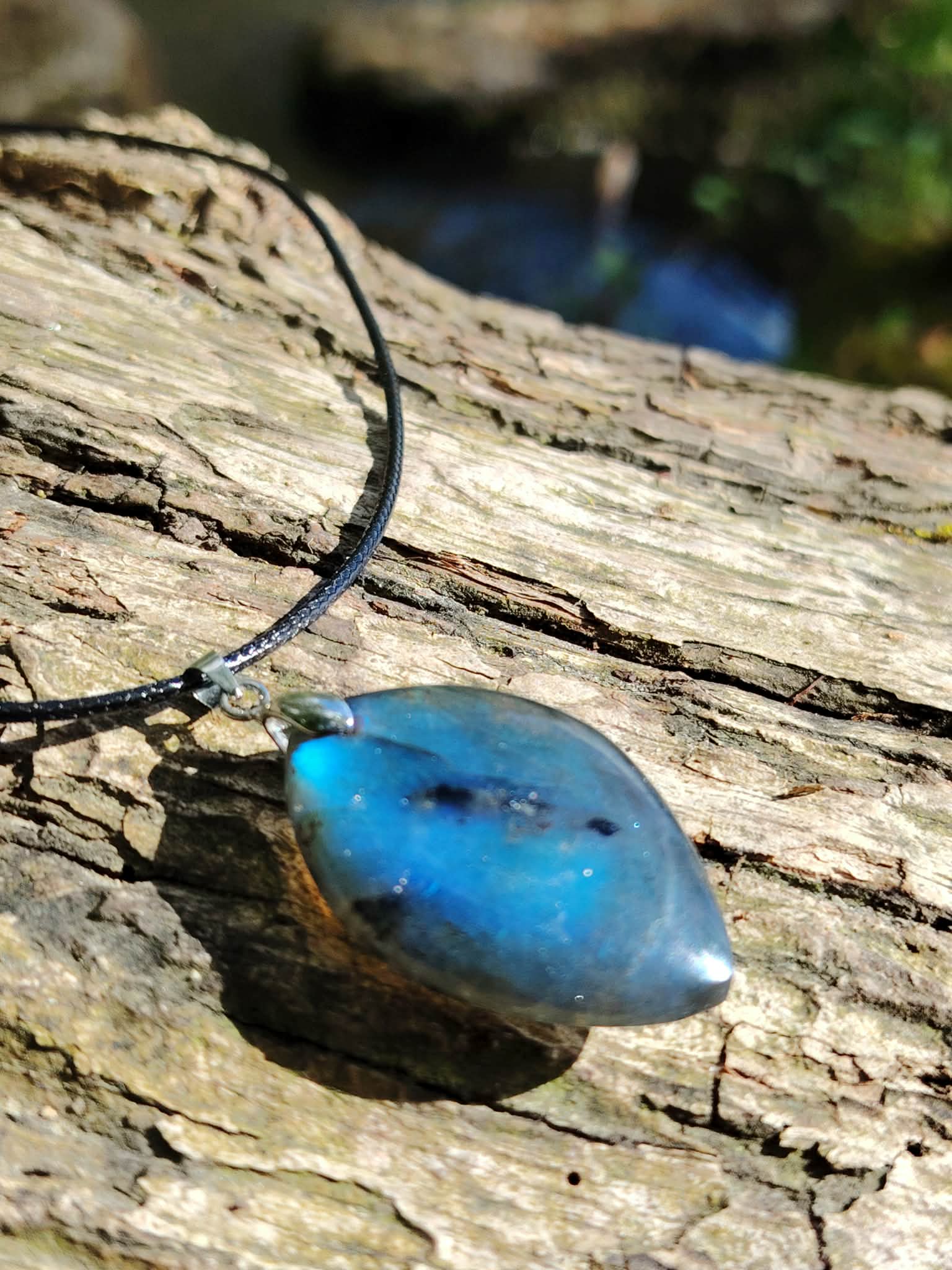 Pendentif labradorite marquise couché sur écorce, flash bleu intense et cordon noir pour un style naturel et protecteur.