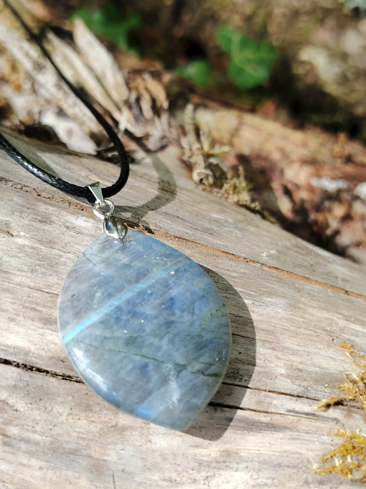 Labradorite marquise sur cordon noir, photographiée sur bois au soleil avec reflets doux et énergie de recentrage.