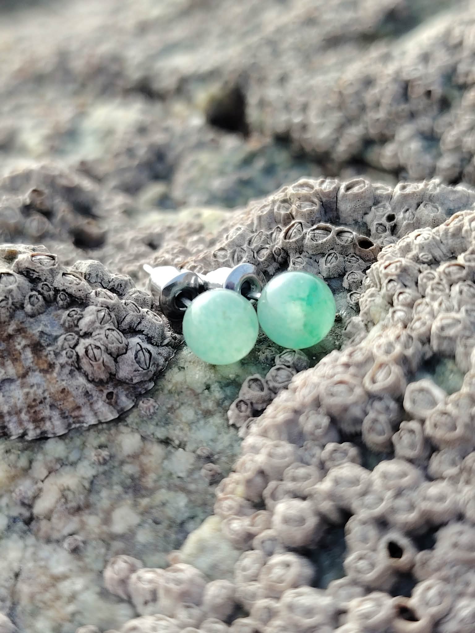 Boucles d’oreilles Aventurine Verte sur roche coquillée en bord de mer breton, petites puces vertes en inox 304.