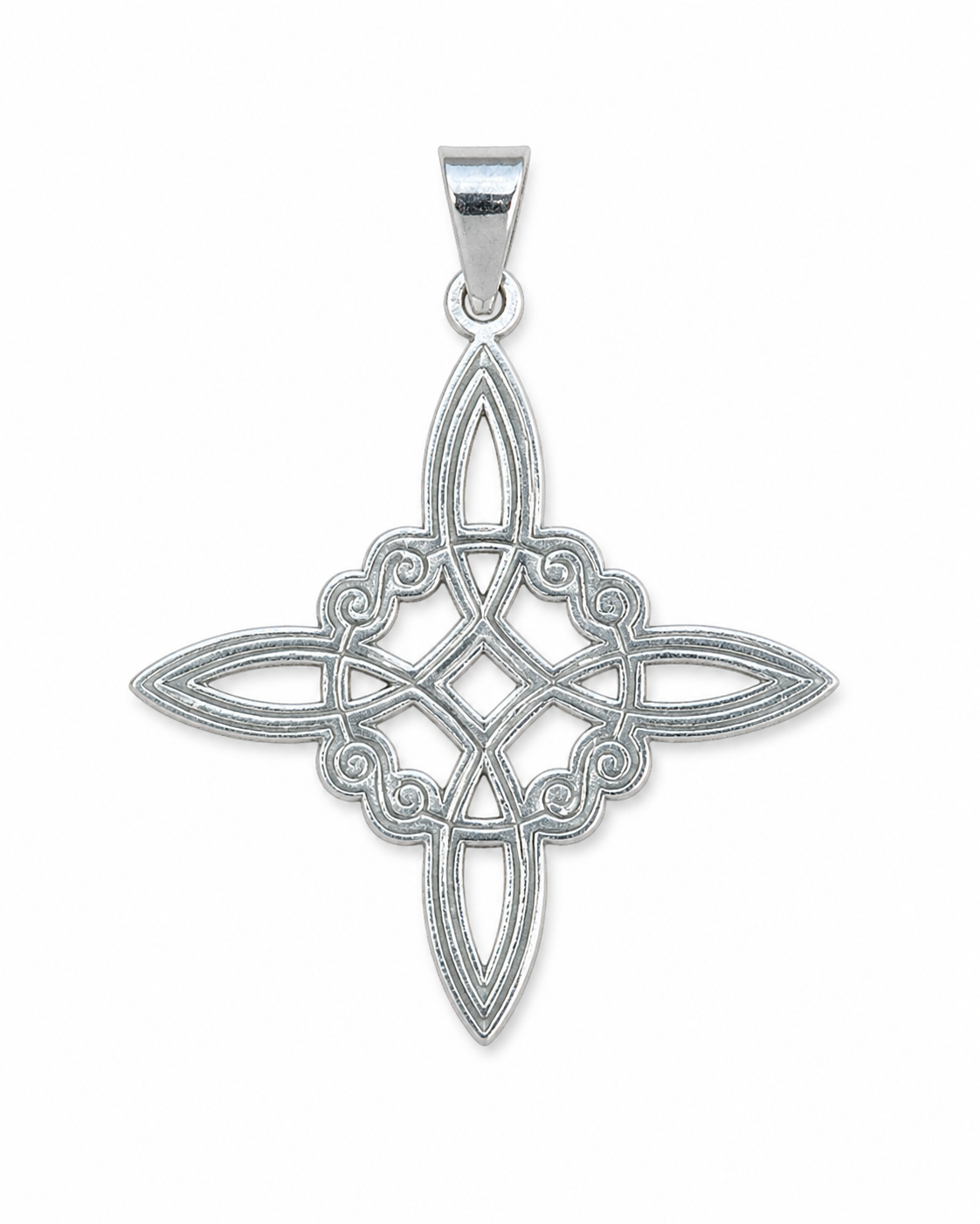 Pendentif Nœud de Sorcière argent 925 détouré sur fond blanc, motif ajouré fin et lumineux avec bélière argentée.