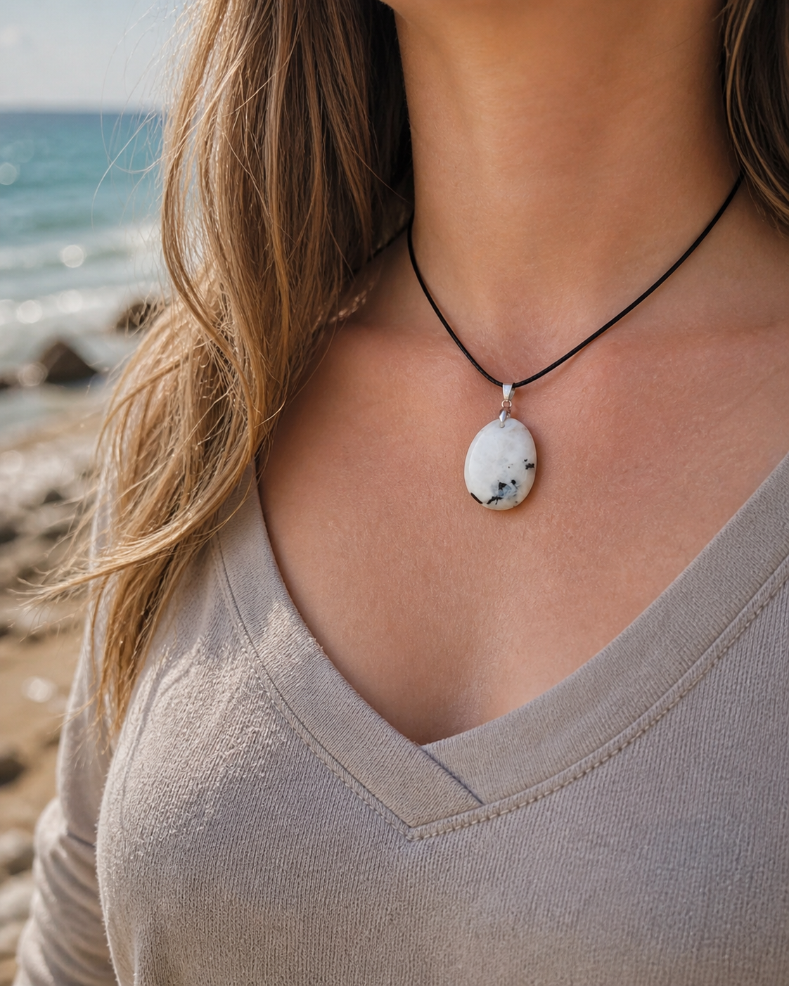 Pendentif Péristérite porté au cou avec mer de Bretagne en arrière-plan, bijou lunaire pour apaisement émotionnel.