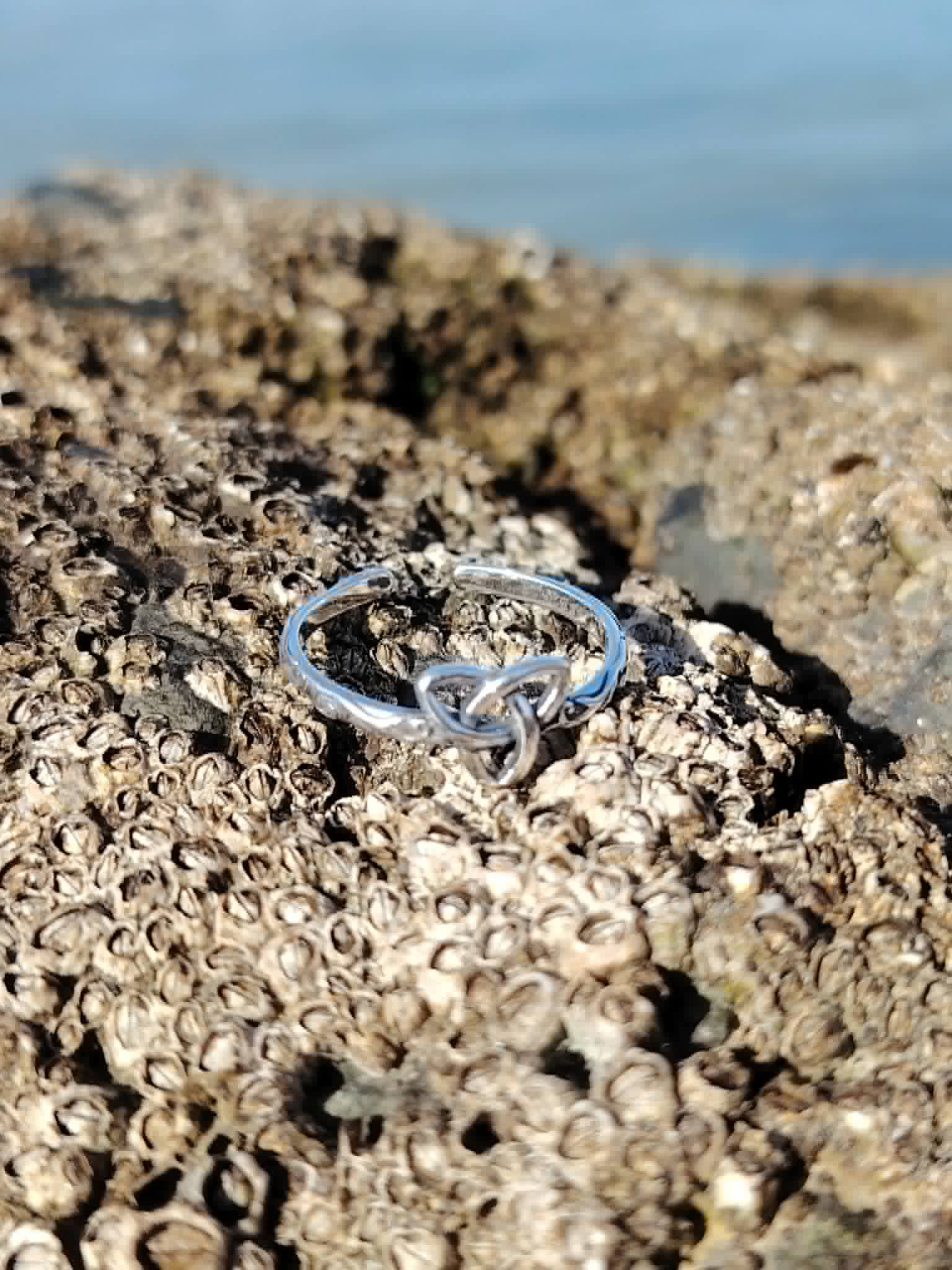 Bague ajustable Triquetra en argent posée sur roche coquillée au bord de mer, bijou symbolique lié à l’harmonie et au lien intérieur.