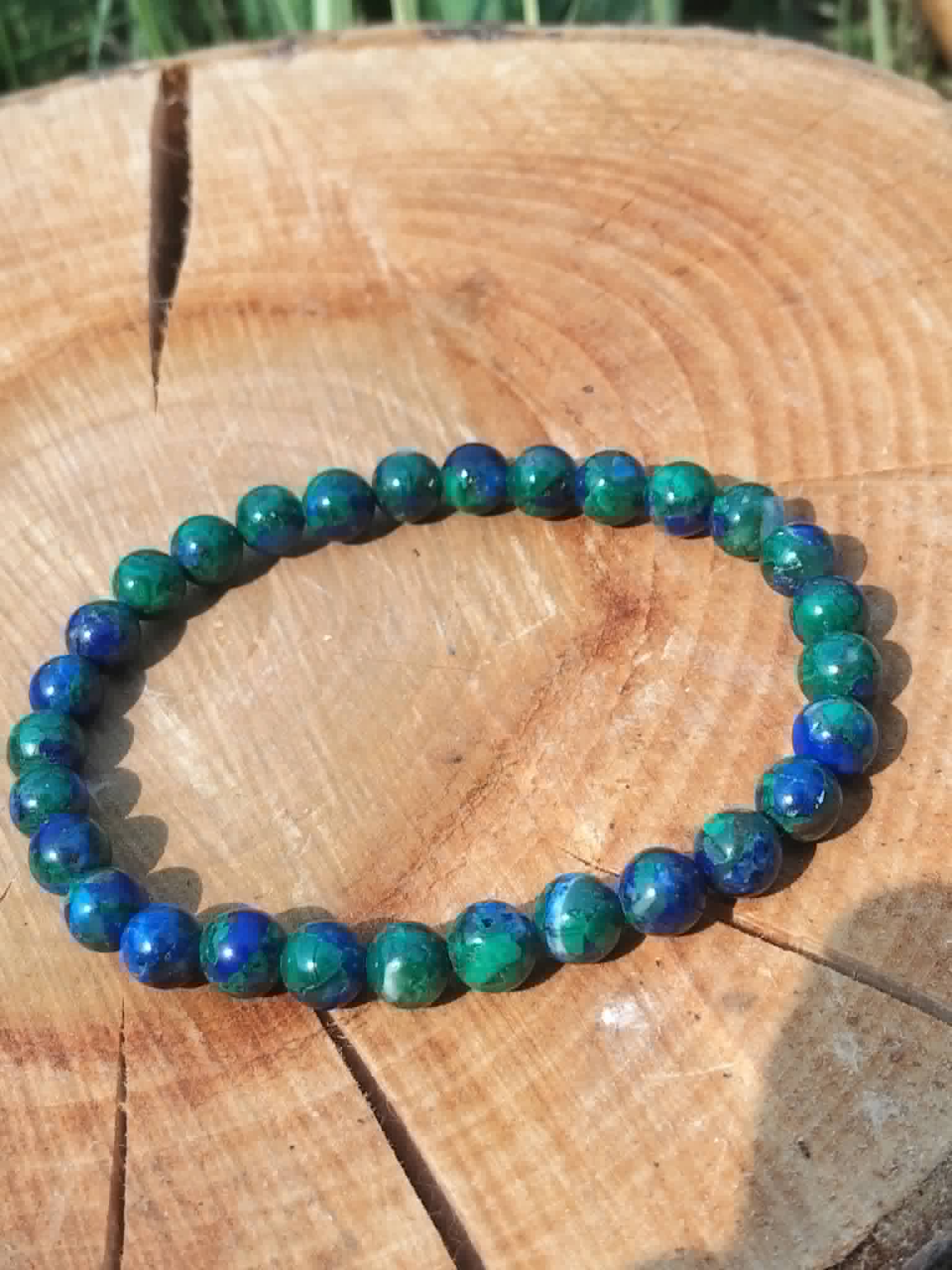 Bracelet Azurite-Malachite 6 mm sur rondin lumineux, perles marbrées bleu-vert, énergie de renouveau.