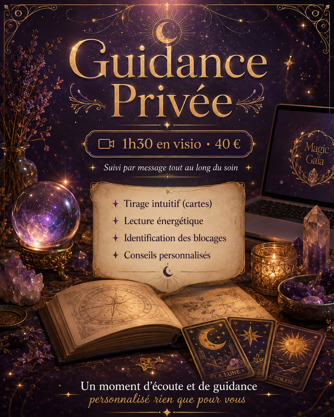 Visuel Guidance Privée avec grimoire ouvert, cartes de tarot, boule de cristal, bougie, améthystes et ambiance ésotérique violette et dorée.