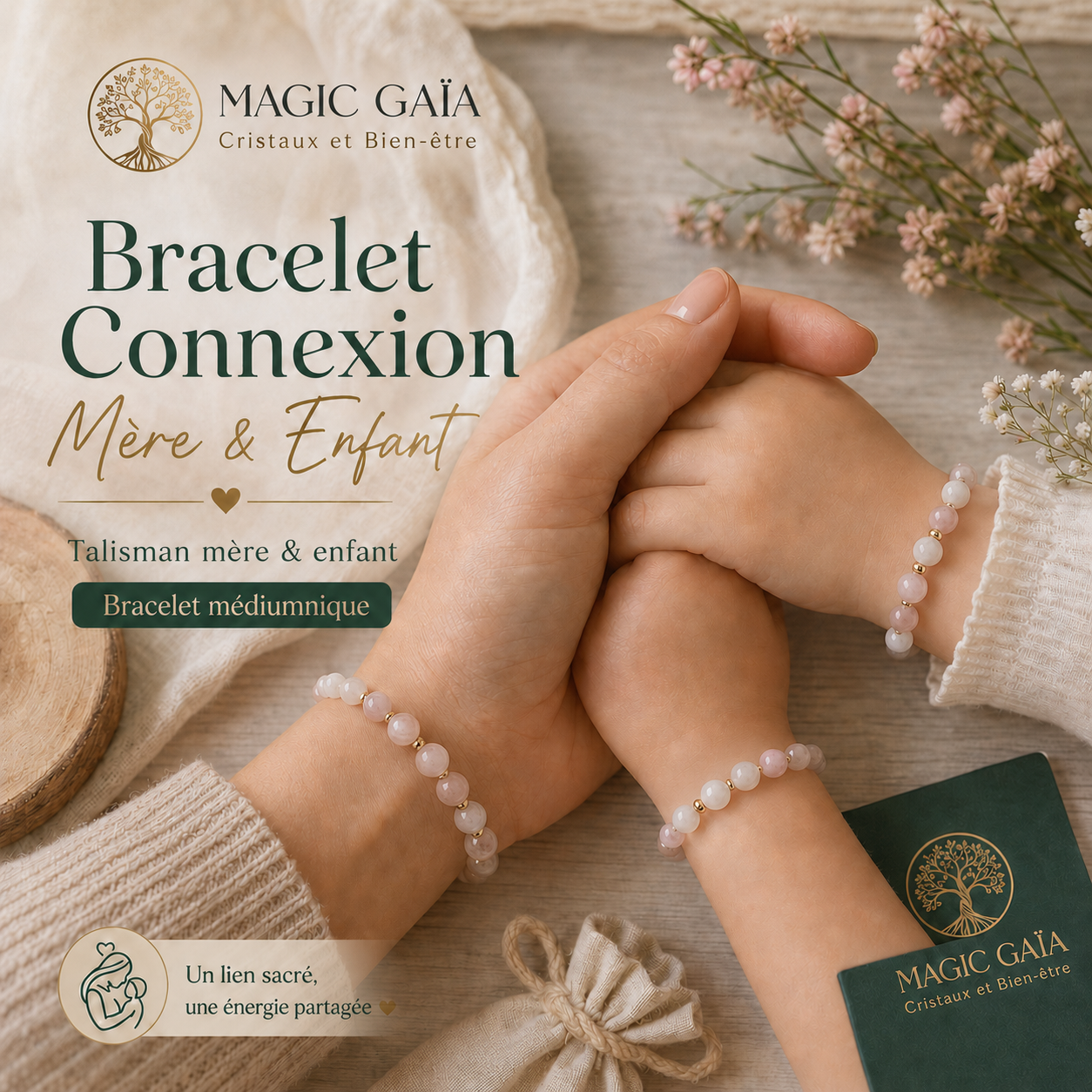 Duo de bracelets Connexion Mère et Enfant en pierres naturelles, portés par une maman et son enfant dans un décor doux et fleuri, lien et intuition.