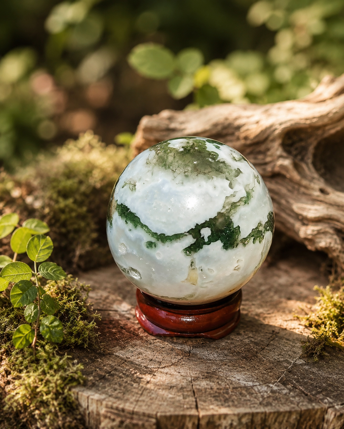Boule en Agate Arbre mise en scène sur souche avec mousse et feuillage, énergie végétale et retour au calme.