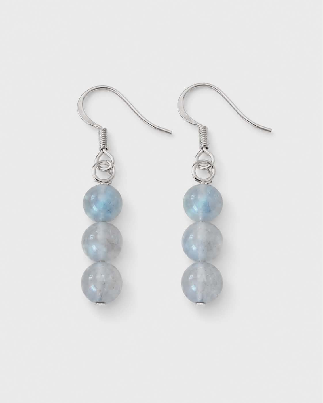 Boucles d’oreilles Labradorite création Magic Gaïa sur fond blanc lumineux, crochets argentés, reflets bleutés; intention: protection douce et clarté.