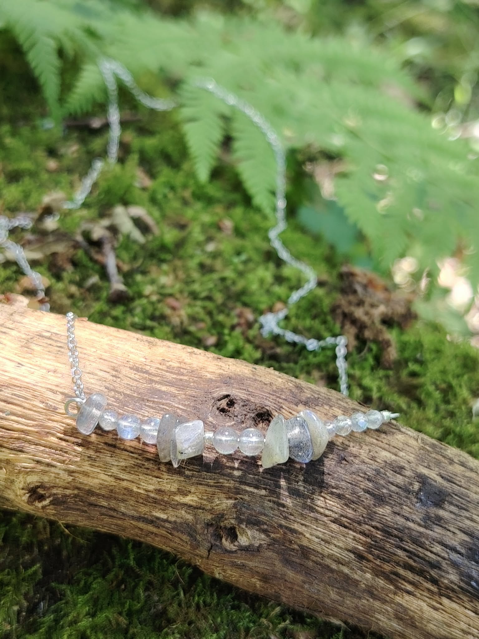 Collier Labradorite naturelle sur bois et mousse en forêt, chaîne acier inoxydable, éclats gris lumineux et intuition douce.
