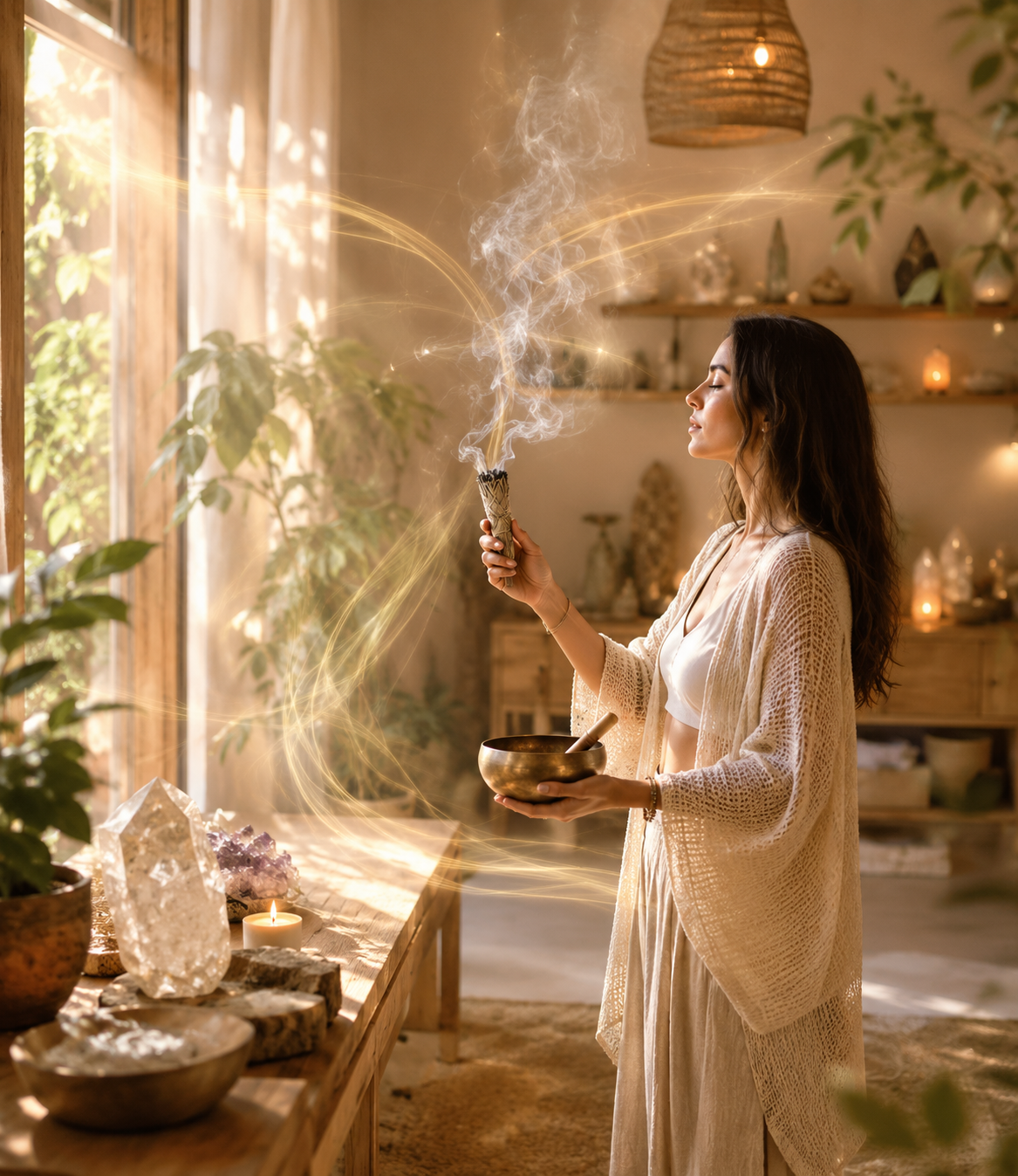 Visuel Magic Gaïa pour nettoyage énergétique de maison, avec lumière douce, purification du lieu et atmosphère apaisée.