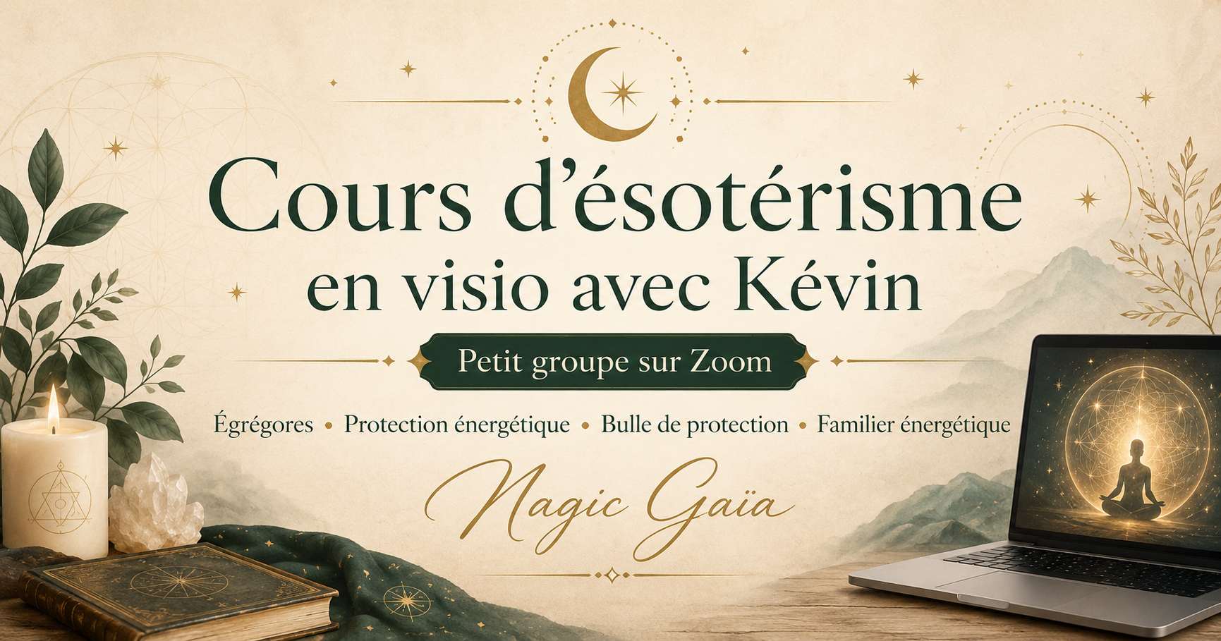 Affiche Cours d’ésotérisme en visio avec Kévin, petit groupe sur Zoom, avec bougie, quartz, livre ancien, ordinateur et ambiance mystique Magic Gaïa.