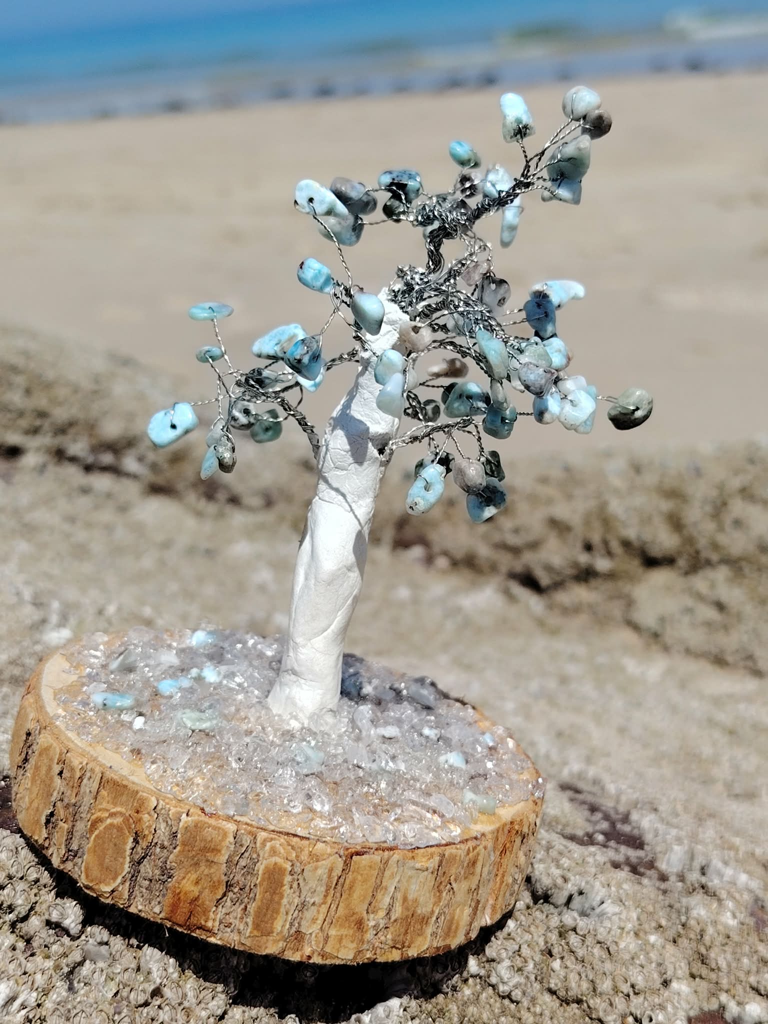 Création Magic Gaïa arbre en larimar sur rondin naturel, photographié sur rocher avec plage et mer bretonne en arrière-plan.