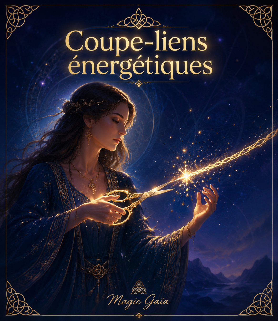 Visuel coupe-liens énergétiques avec cordon lumineux et ambiance ésotérique indigo et dorée Magic Gaïa.