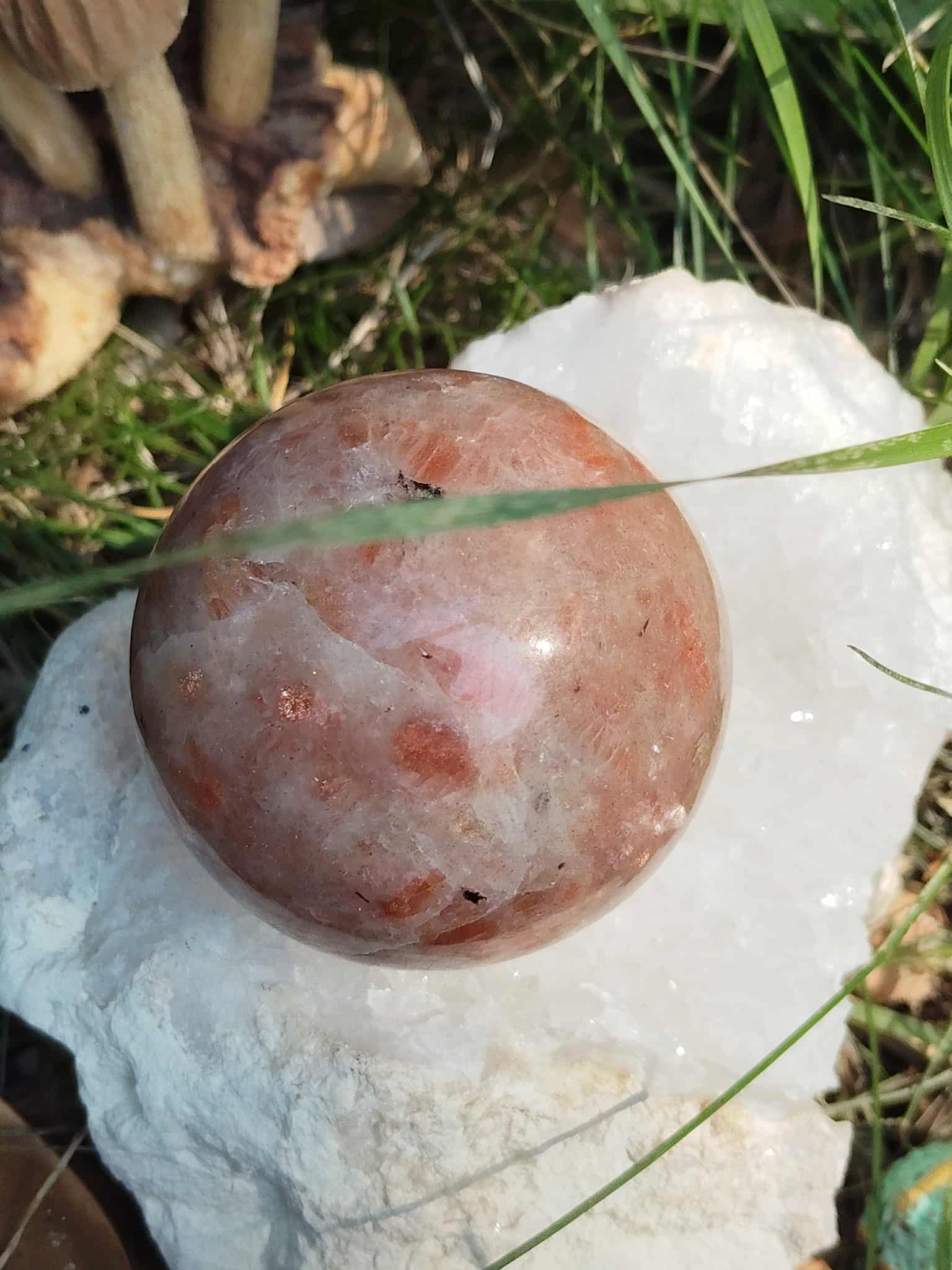 Sphère en Pierre de Soleil naturelle (héliolite) posée sur un amas de quartz blanc, nuances pêche-abricot avec inclusions scintillantes, brin d’herbe au premier plan — symbole de joie, d’optimisme et d’énergie positive.
