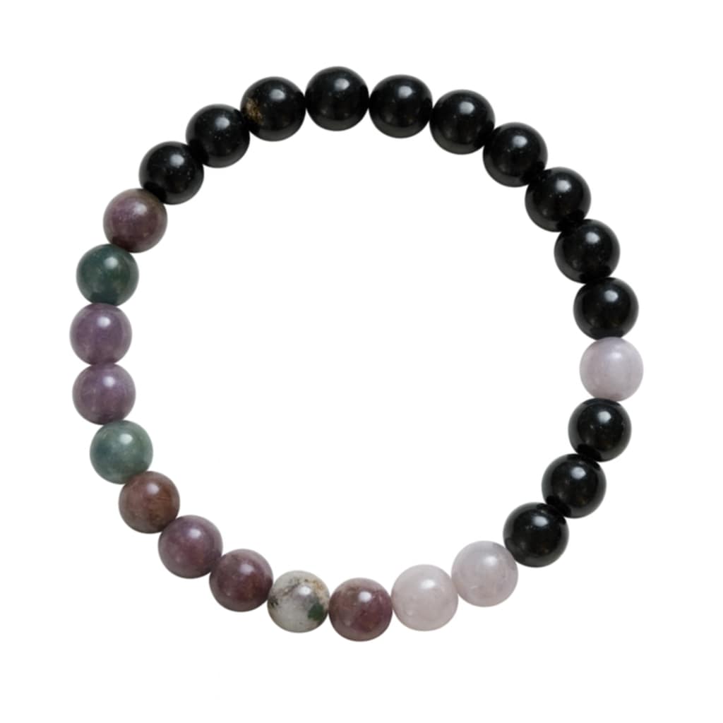 Bracelet tourmaline multicolore sur fond blanc, perles 6 mm en pierre naturelle sur élastique, harmonie émotionnelle et énergie de protection