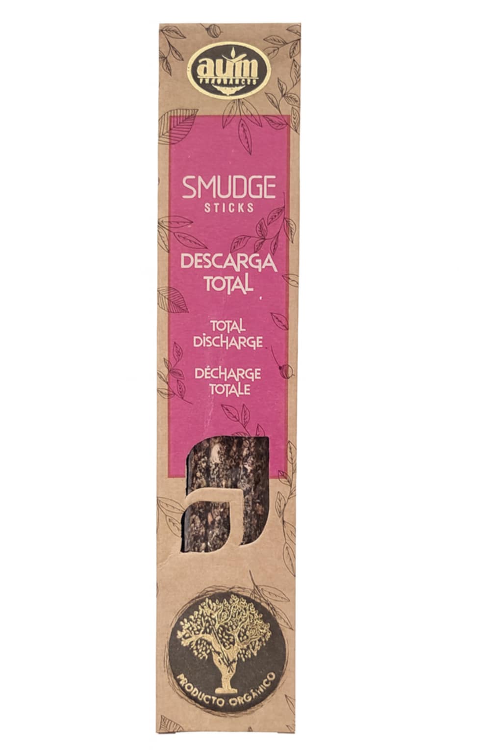 Boîte d’encens Smudge Sticks « Descarga Total » — packshot sur fond blanc, marque AUM — encens organique pour rituel de purification / décharge totale.