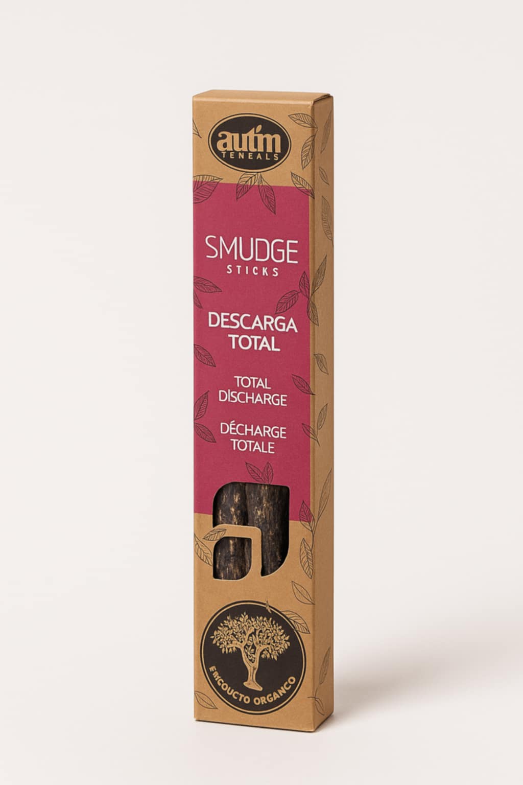 Boîte d’encens « Smudge Sticks – Descarga Total / Total Discharge / Décharge Totale » (marque Aum) — packshot sur fond clair, packaging rose/beige, encens pour rituel de purification.