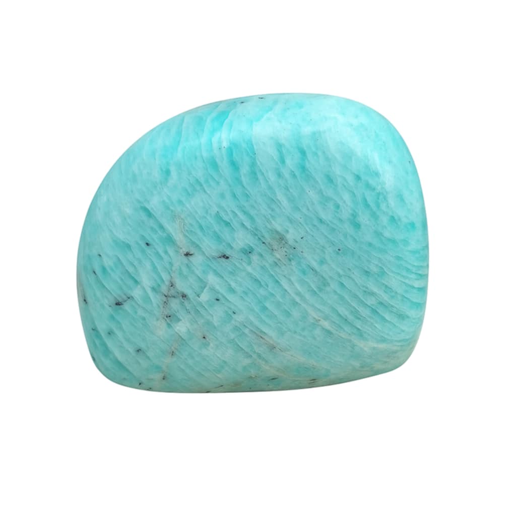 Forme libre en Amazonite sur fond blanc, pierre polie bleu-vert aux marbrures naturelles et inclusions visibles.