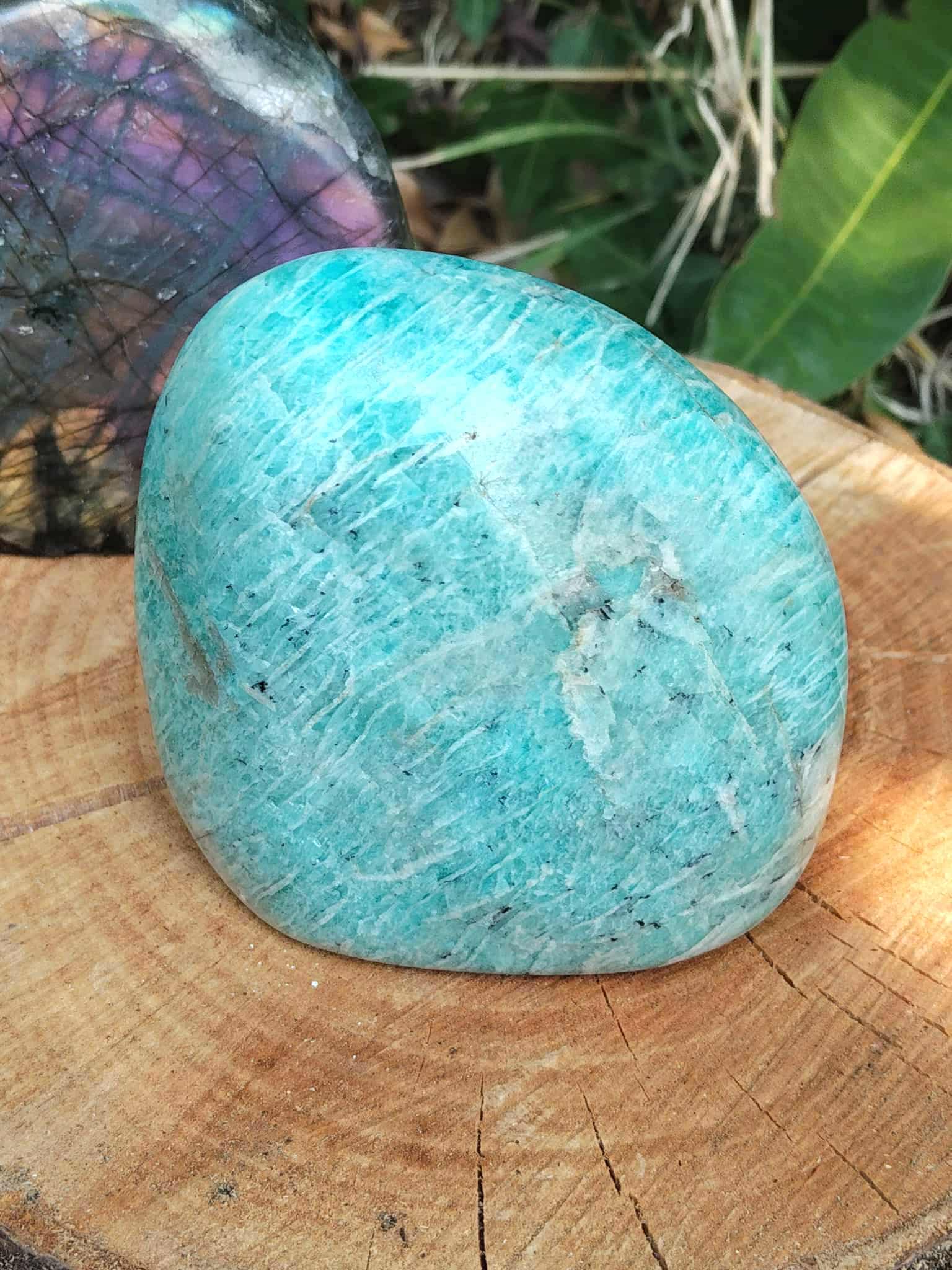 Pierre Amazonite bleu-vert sur rondin de bois en Bretagne, marbrures claires et ambiance minérale douce.
