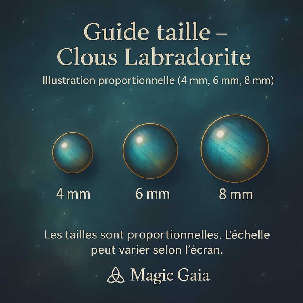Guide visuel tailles perles Labradorite pour clous : 4, 6 et 8 mm (échelle indicative)