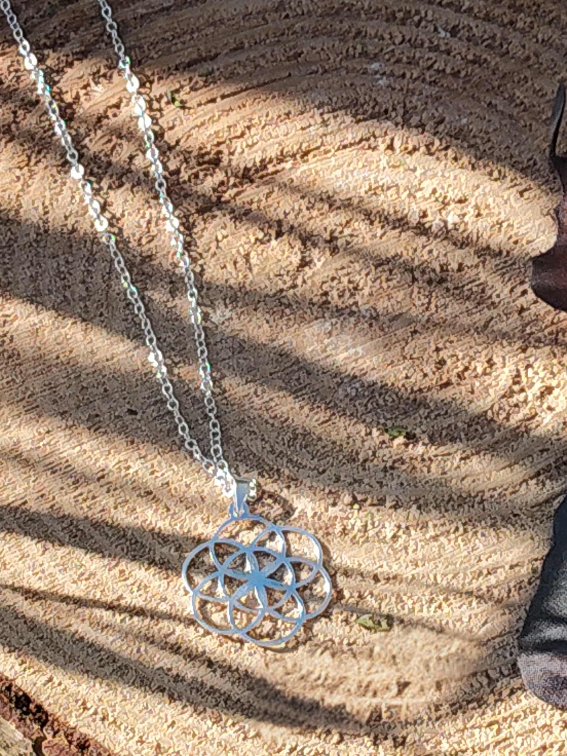 Pendentif graine de vie en argent 925 sur chaîne posé sur bois au soleil, bijou de géométrie sacrée au motif à sept cercles
