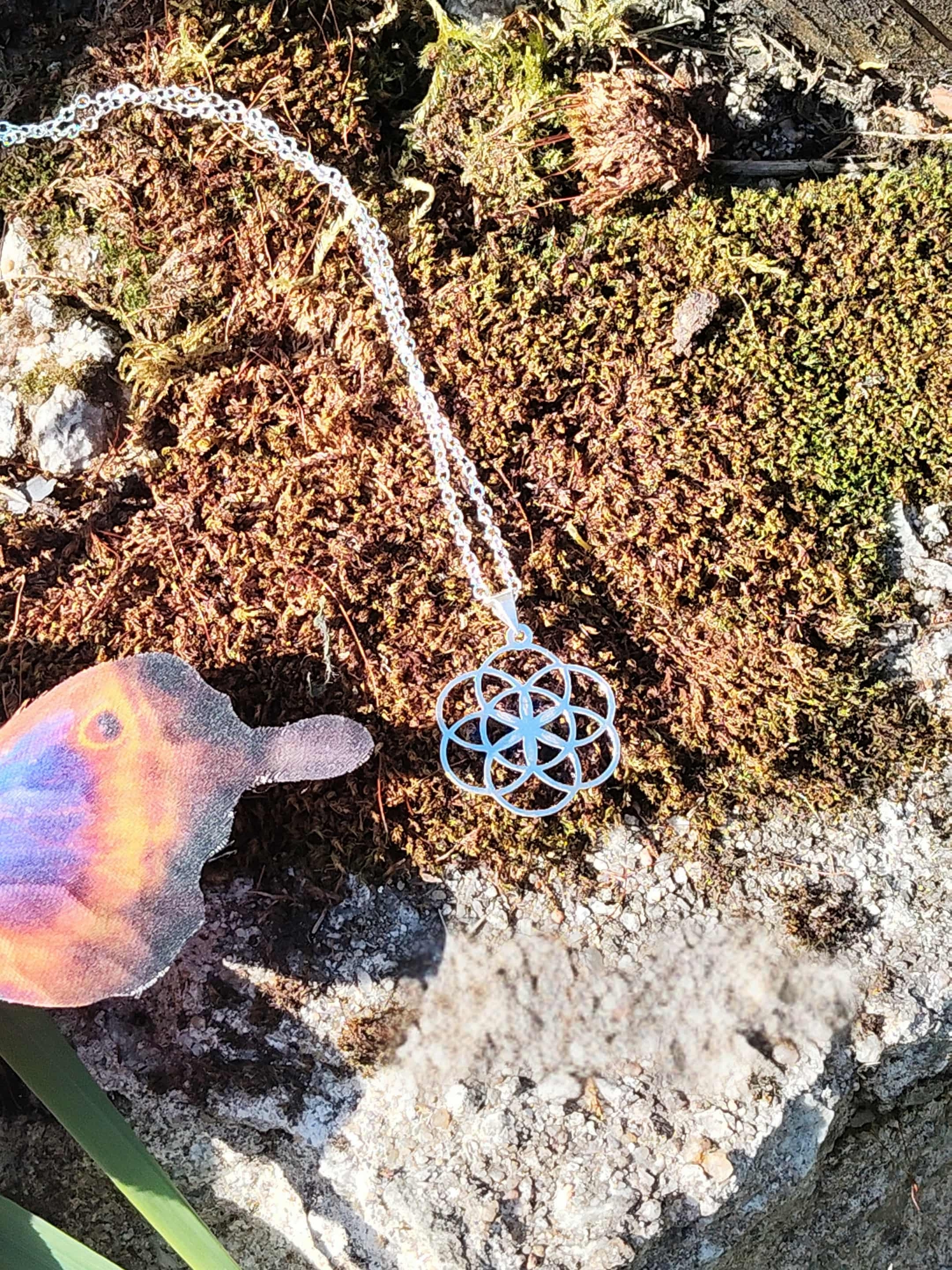 Pendentif graine de vie en argent 925 posé sur mousse et rocher, symbole de géométrie sacrée dans un décor naturel