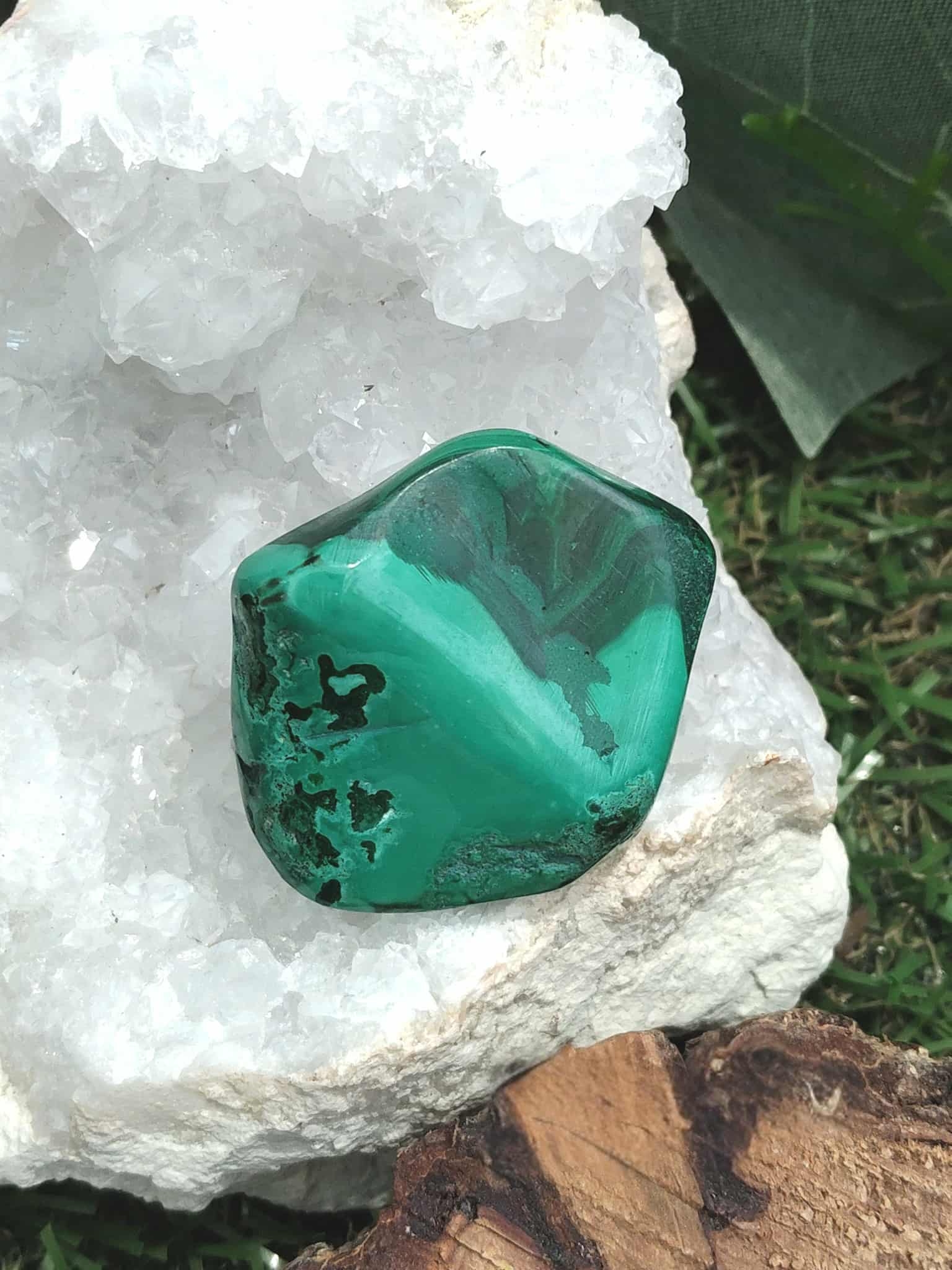 Malachite roulée sur cristal de roche avec fond végétal — ouverture du cœur, stabilité intérieure, nettoyage énergétiquer
