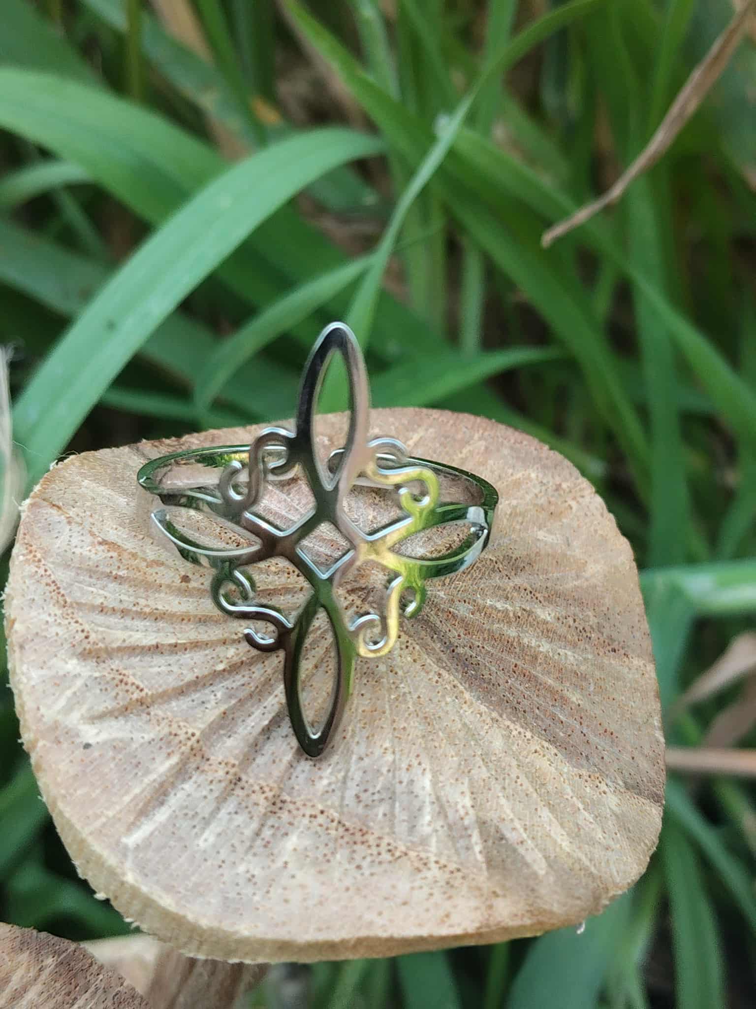 Bague nœud de sorcière réglable en acier inox sur champignon, herbes en arrière-plan