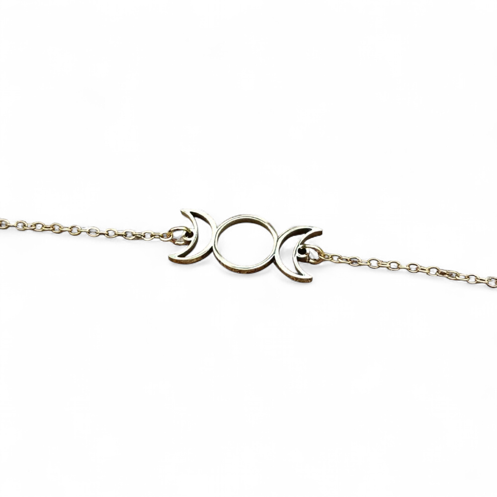 Bracelet doré Triple Lune sur rondin de bois, bijou lune en acier inoxydable au symbole païen élégant