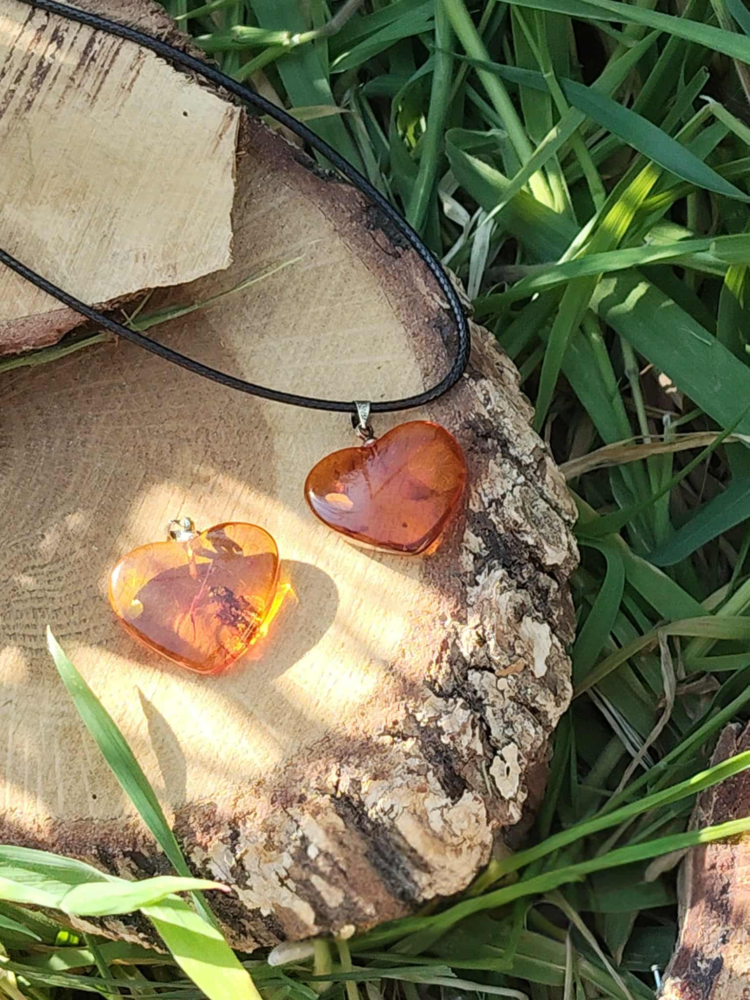 Deux pendentifs cœur en ambre naturel posés sur une section de bois près d’herbes au soleil, bijoux lumineux évoquant la douceur, l’énergie chaleureuse et l’harmonie intérieure.