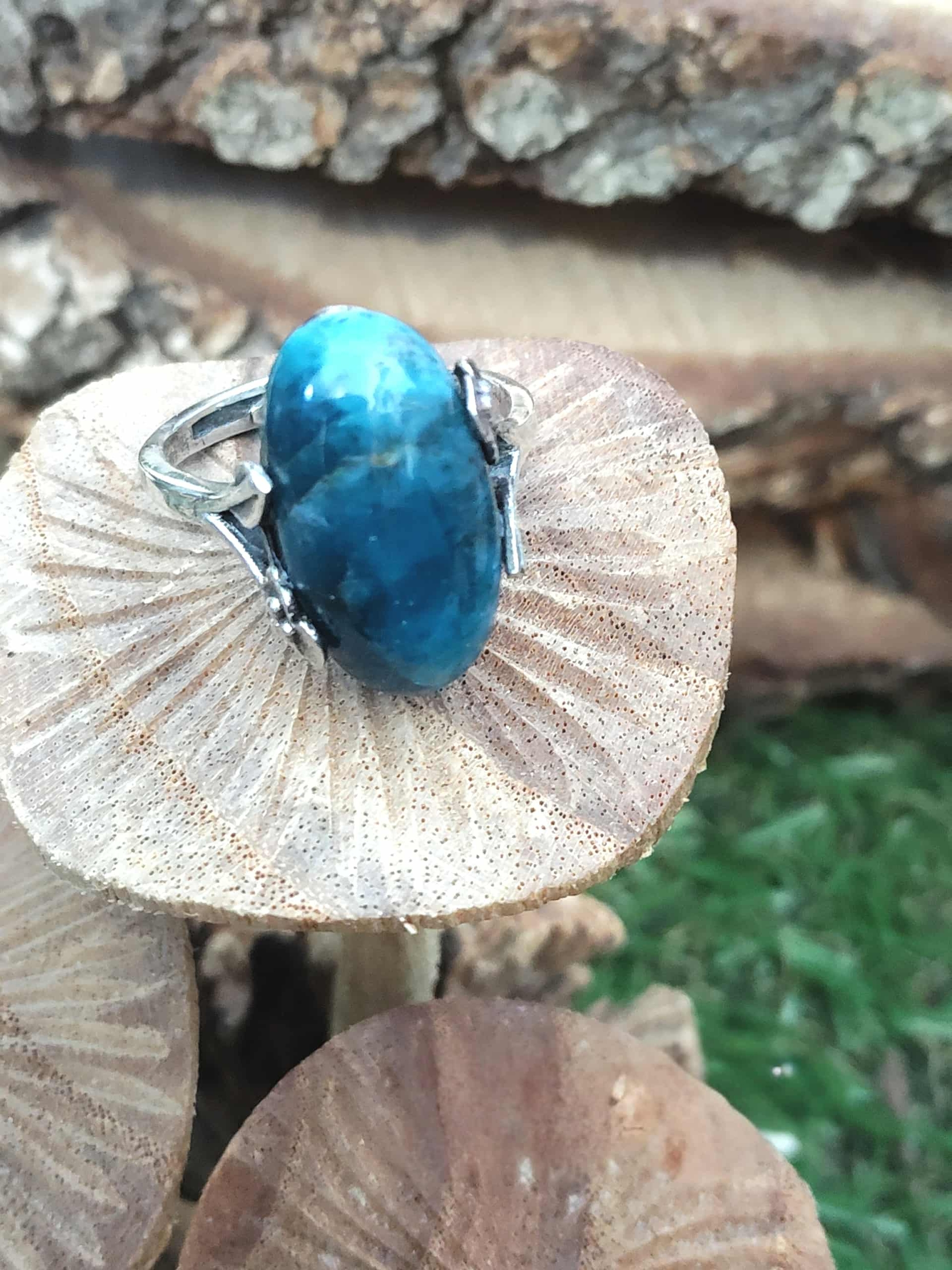 Bague apatite bleue ajustable en argent 925, décor nature (champignon, écorce, herbe) — chakra gorge, communication bienveillante, confiance.