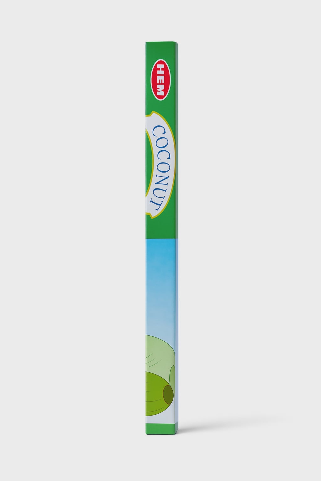 Boîte d’encens noix de coco HEM 10 g — pack fin vertical sur fond blanc.