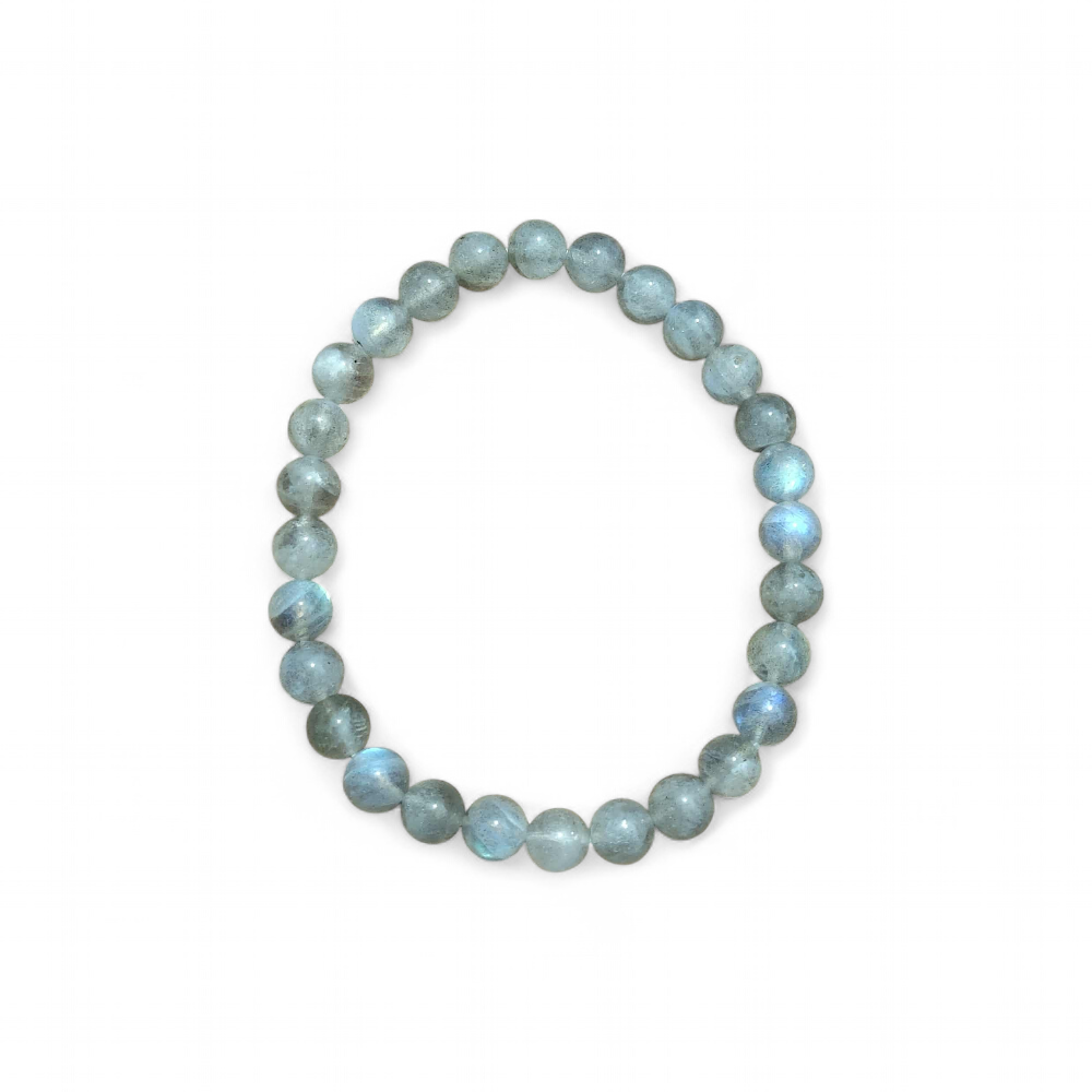 Bracelet en perles de labradorite sur fond blanc, pierre naturelle 6 mm, discernement émotionnel et calme intérieur